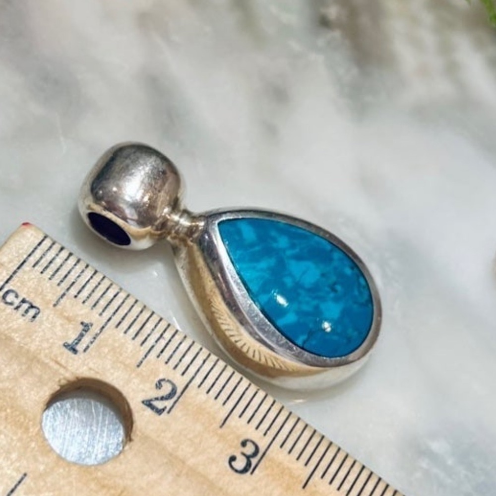 Vintage Handmade Turquoise Pendant Solid Heavy 925 Sterling Silver Mexico .925 - Picture 8 of 15